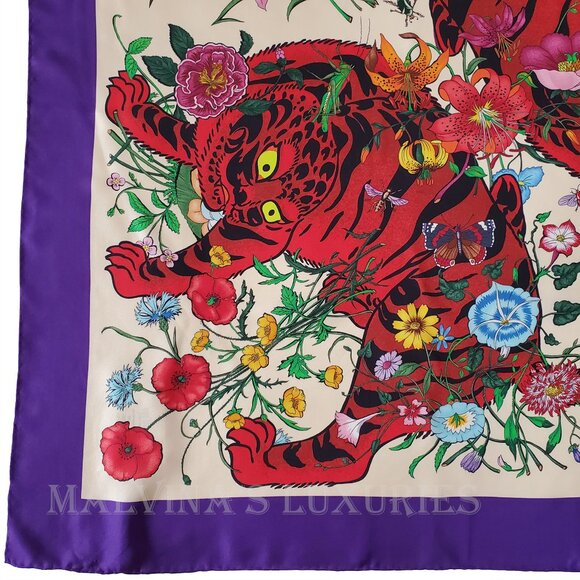 GUCCI SCARF SILK TIGER ICONIC FLORA PRINT SQUARE VIBRANT FOULARD 35" - Picture 5 of 16
